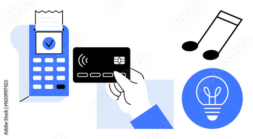 Card reader with receipt and contactless payment card in use, musical note, and lit bulb icon. Ideal for payment system, creativity, music, energy, innovation, fintech simple landing page