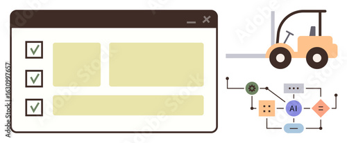Browser window with checklist, forklift, AI process diagram illustrating streamlined operations and task automation. Ideal for technology, supply chain, logistics, efficiency, AI, productivity