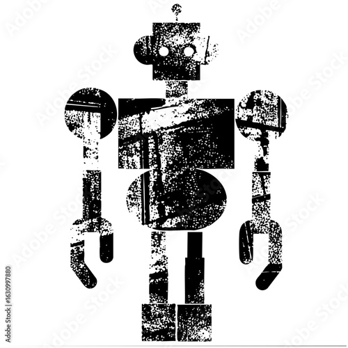 Vector Retro robot with distressed texture.