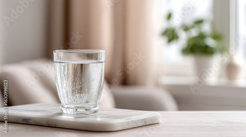 Clear glass of water placed on a marble coaster in a bright, modern living room during the daytime