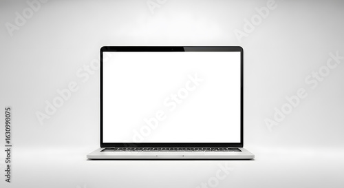 Responsive design mockup with a modern laptop Macbook Pro M4, phone, and tablet featuring blank white screens on a professional office workspace.