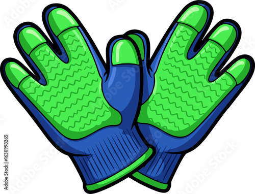 Cartoonish Pair of Blue and Green Work Gloves with Zigzag Pattern