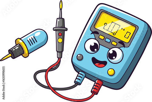 Cheerful Cartoon Multimeter with Probes and Display