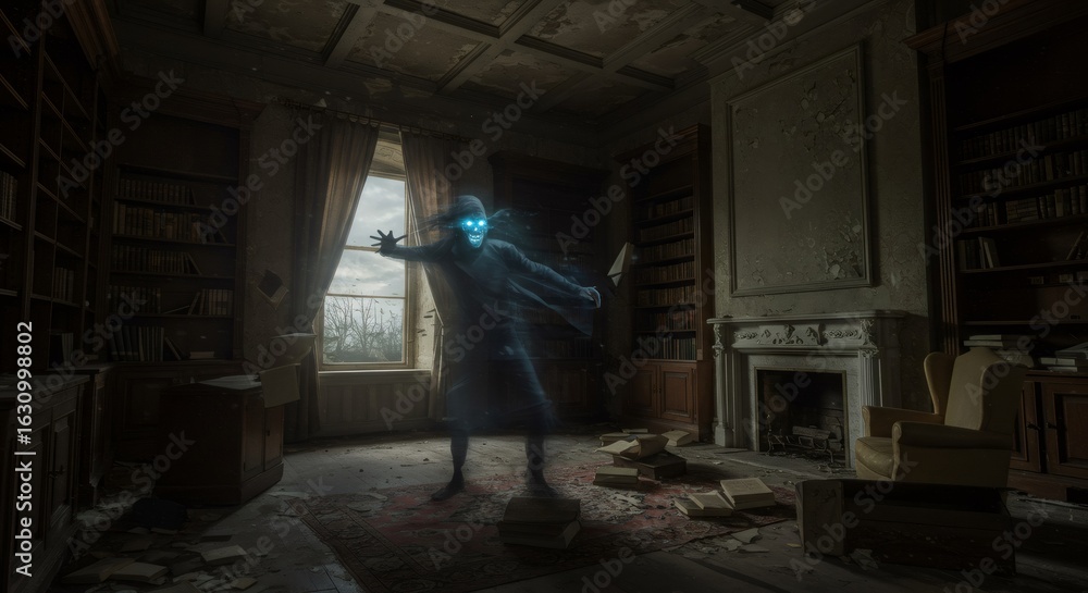 Fototapeta premium An eerie blue ghost with glowing eyes haunting a dusty, abandoned library. Halloween spooky fantasy concept for horror, mystery, or drama.
