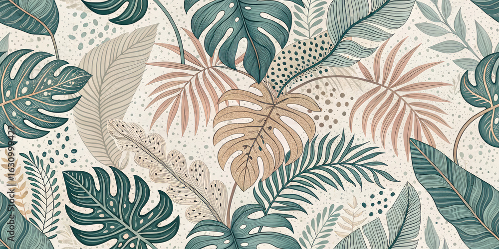 Fototapeta Vibrant tropical leaves pattern with earthy tones, perfect for modern decor and natural design projects.