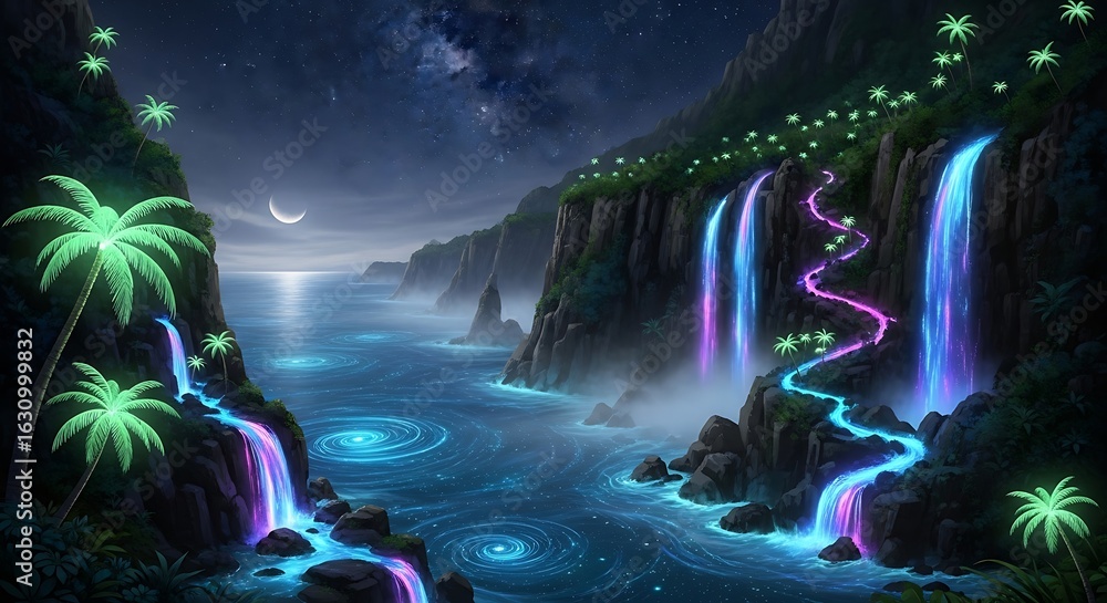 Fototapeta premium Neon Waterfalls Flowing Over Glowing Tropical Cliff into Bioluminescent Ocean