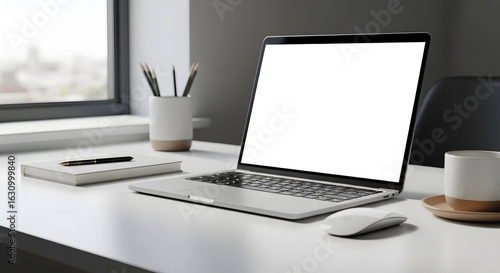 Side Angle View of MacBook Pro M4 mockup with White Screen in Office Setup