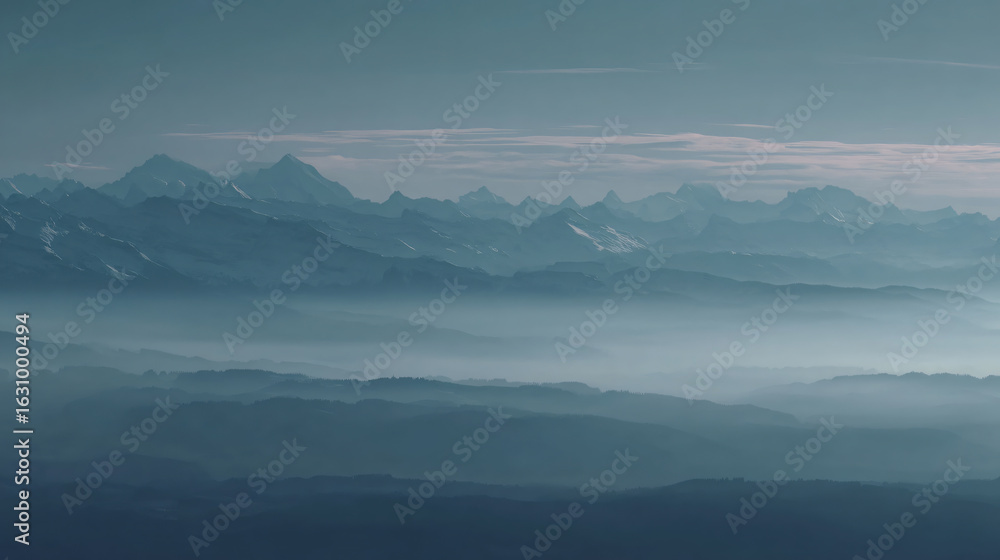 Fototapeta premium Mountains Landscape Nature Fog Peaks Sky Clouds Horizon Mist Scenery Tranquil Majestic Wilderness Panoramic Outdoor Travel Adventure Snow Terrain Remote Natural Light Beauty Range Expansive