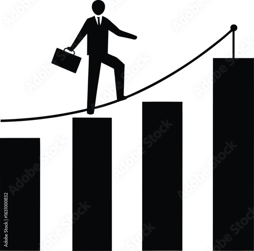 Silhouette of an entrepreneur balancing on a tightrope isolated on transparent background