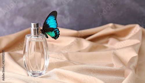 Artistic composition of a real butterfly with iridescent wings placed beside a perfume bottle on satin fabric