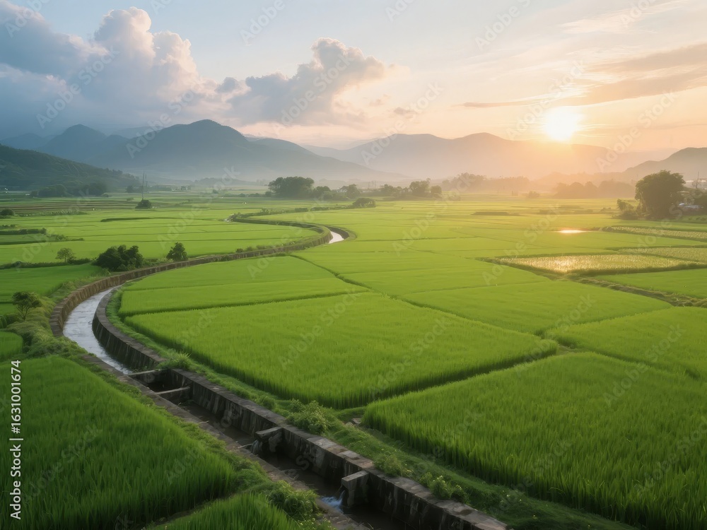 Fototapeta premium Sunrise Over Verdant Rice Fields with Winding Water Channels