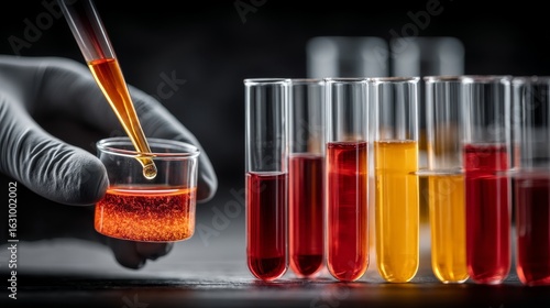 A hand in a black glove carefully pours orange liquid from a dropper into a small transparent cup,