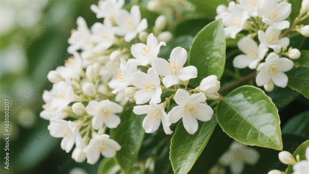 Obraz premium Cluster of White Flowers with Green Leaves in Bloom