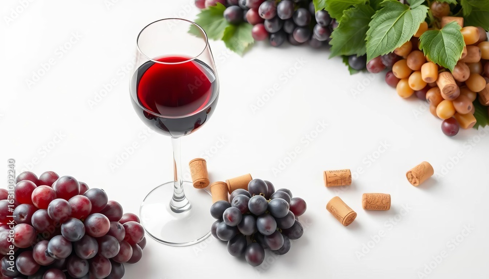 Elegant wine glasses, bottle corks & grapes on pristine white background, beverage, vintage Elegant wine glasses, bottle corks & grapes on pristine white background, beverage, vintage