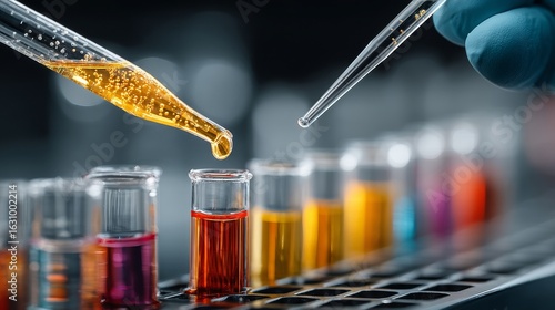 A scientist in blue gloves carefully dispenses yellow liquid into a test tube with red-orange solution,