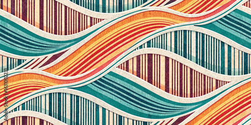 Vibrant abstract wavy lines create a dynamic retro pattern with warm oranges and cool blues