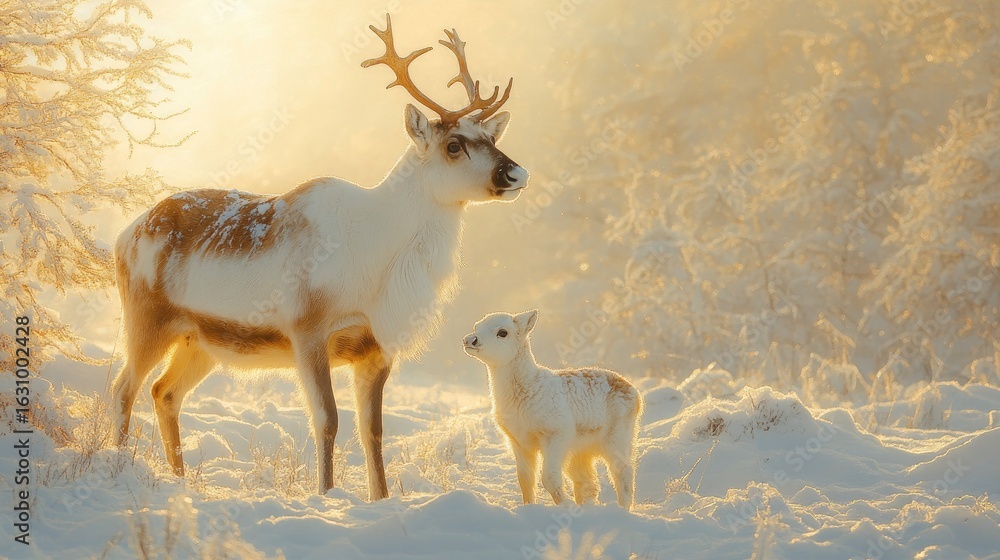 Obraz premium Reindeer Calf Taking First Steps in Snowy Spring Landscape