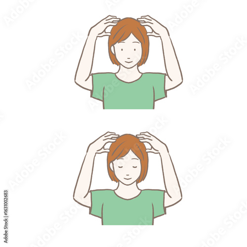 ヘッドマッサージをする女性の手描きイラスト