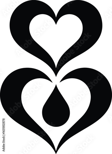 Two black stylized hearts stacked vertically with a teardrop shape in the lower heart design element