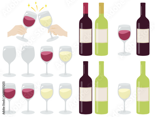 赤ワインと白ワイン グラスとボトル＆乾杯イラストセット