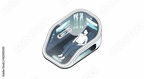 Man in a futuristic pod experiencing an immersive virtual reality nature scene. Conceptual isometric illustration of AI-driven relaxation technology.