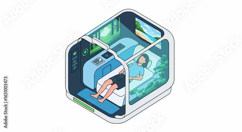 A futuristic sleep chamber utilizing advanced AI technology to project immersive natural landscapes for enhanced relaxation and well-being.