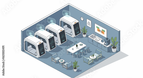 Futuristic co-working or co-living interior with private nap pods and a shared lounge area. Modern isometric vector illustration.