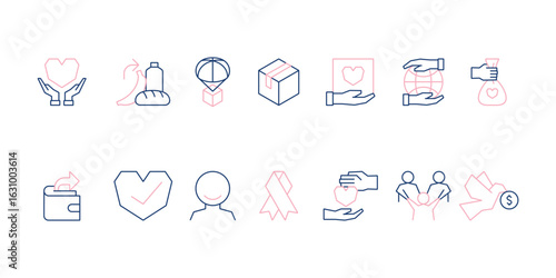 Charity and social welfare icon set collection for giving, nonprofit organizations, volunteering, donation, community support, humanitarian aid, and global relief