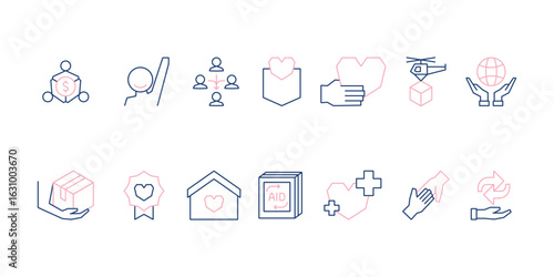 Charity and social welfare icon set collection for giving, nonprofit organizations, volunteering, donation, community support, humanitarian aid, and global relief