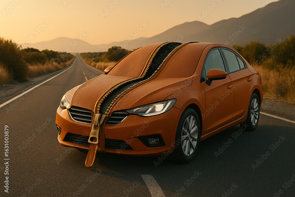 Fototapeta premium Surreal car with a giant zipper on a long road towards the mountains