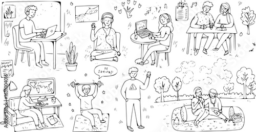 Hand-Drawn Illustration: People Working, Relaxing, and Socializing in Various Settings