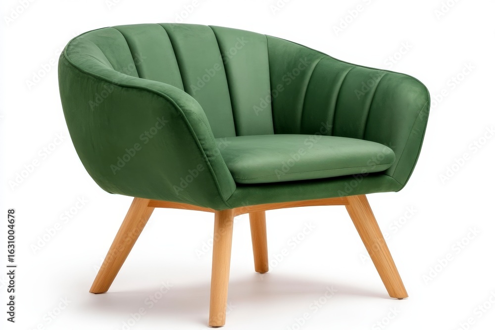 Naklejka premium Stylish Green Upholstered Armchair with Natural Wooden Legs for Modern Interior Decor and Furniture Design