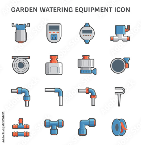 Garden watering equipment vector icons i.e. diaphragm pump, timer switch, pipe speedfit connector and solenoid valve. Components for automatic watering systems, irrigation technology, smart gardening.
