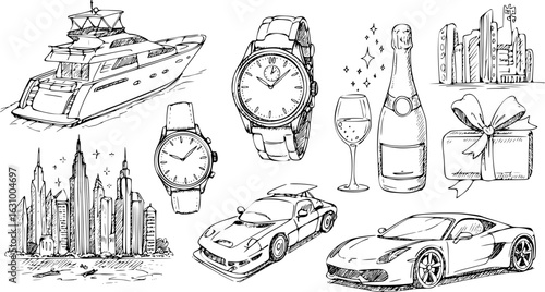Luxury Lifestyle Sketch: Yachts, Watches, Cars, Champagne  Cityscapes