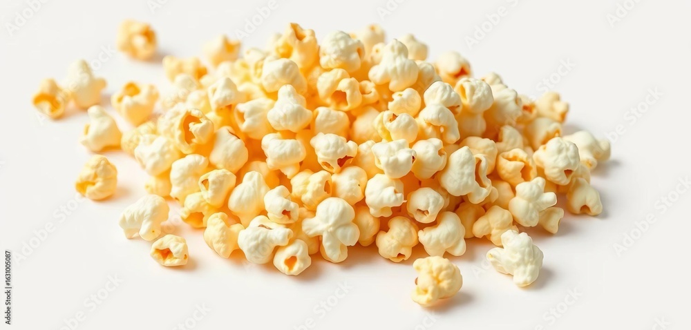 Golden kernels of popcorn, freshly popped, isolated on white, cinema, snack Golden kernels of popcorn, freshly popped, isolated on white, cinema, snack