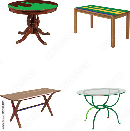 Round table, rectangular table, wooden furniture, glass tabletop, modern design, classic decor, colorful surface, stylish interior, home, office