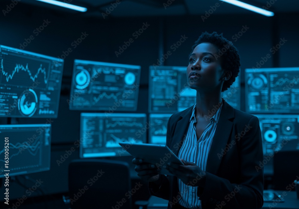 Fototapeta premium African American woman analyzes data on tablet in a dark control room