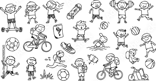 Active Kids Doodle: A Whimsical Line Art Illustration of Children Engaging in Sports and Outdoor Activities