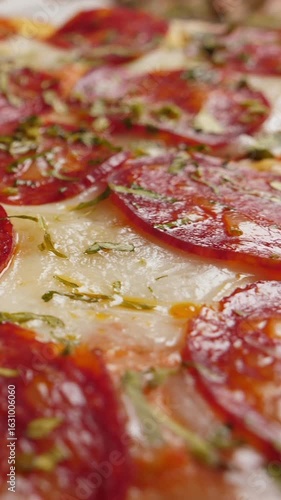 Wallpaper Mural Pepperoni pizza rotating, closeup. Vertical footage Torontodigital.ca