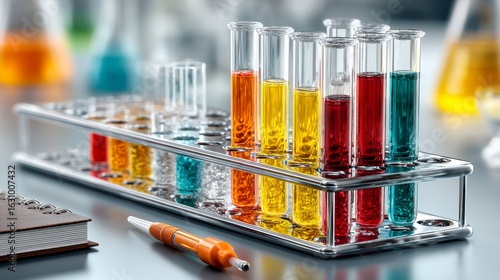 A collection of laboratory test tubes filled with various colored liquids arranged on a metallic stand,