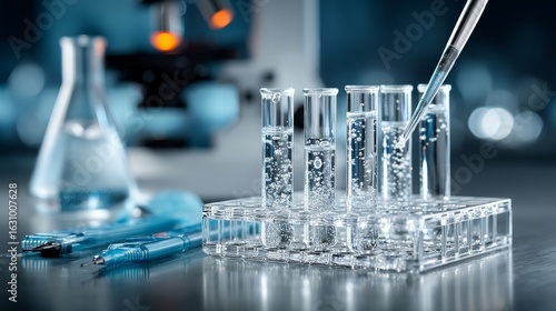 A laboratory scene with test tubes containing clear liquid solutions, a pipette held by gloved hands,