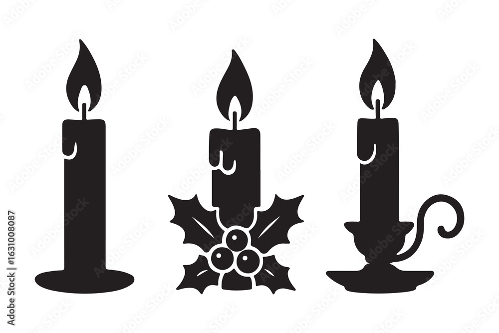 Obraz premium set of candles, Melting candle line art silhouette vector illustration on a white background, Candle icon set, candle black silhouette icon, Candle vector icon set black filled and outlined style.