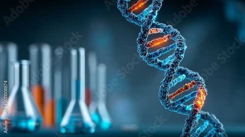 A vivid orange glowing DNA double helix structure with a scientific laboratory background featuring beakers and flasks s