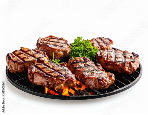 Juicy grilled beef steaks with grill marks served on a black plate with fresh green parsley garnish isolated on white background