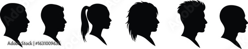 Human profile silhouettes, side view heads, men and women, diverse hairstyles, black isolated shapes, facial features, portrait outlines, modern style