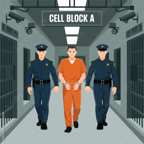 Inmate escorted by guards through prison cell block a with security cameras and jail cells visible