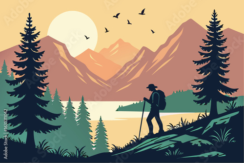 Hiker with backpack and trekking poles on a mountain trail overlooking a lake at sunset