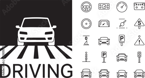 White car on crosswalk with driving icons traffic