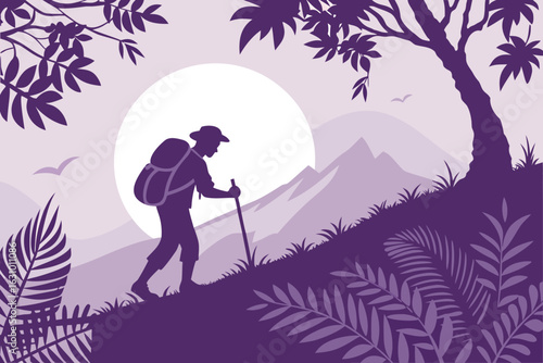 Silhouette of a hiker with a backpack and trekking pole ascending a mountain path at sunset