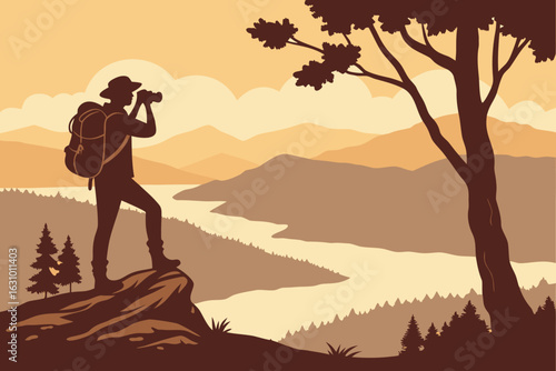 Silhouette of a hiker with a backpack looking through binoculars at a scenic mountain landscape